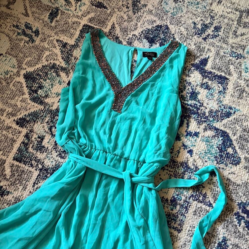 Thalia Sodi Teal Beaded Mini Dress Sleeveless Tie Waist Hi Low Turquoise XL - Picture 7 of 8